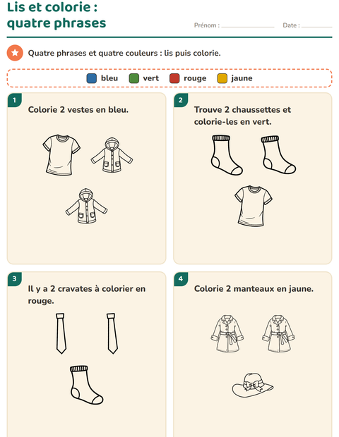 Aperçu de la fiche Lis et colorie avec Vêtements NB pour CP (cours préparatoire)