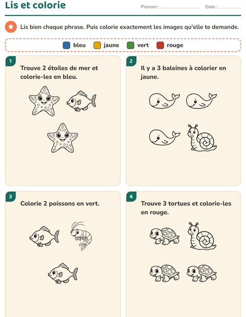 Aperçu de la fiche Lis et colorie avec Vie marine NB 2 pour CP (cours préparatoire)
