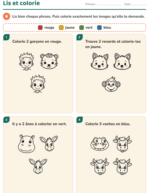 Aperçu de la fiche Lis et colorie avec Visages NB pour CP (cours préparatoire)