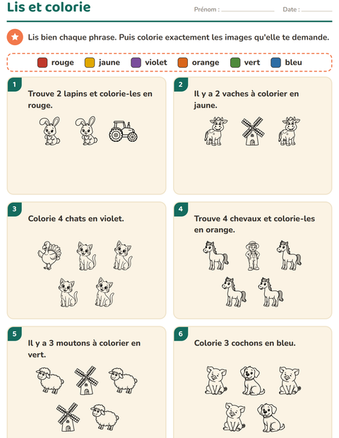 Aperçu de la fiche Lis et colorie avec Ferme NB pour CP (cours préparatoire)