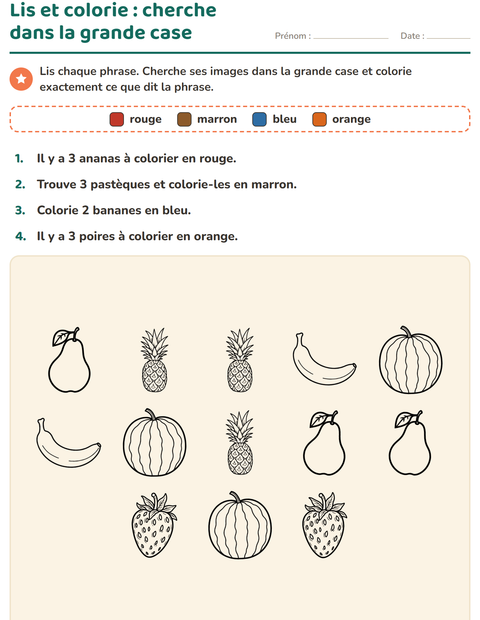 Aperçu de la fiche Lis et colorie avec Fruits NB pour CP (cours préparatoire)