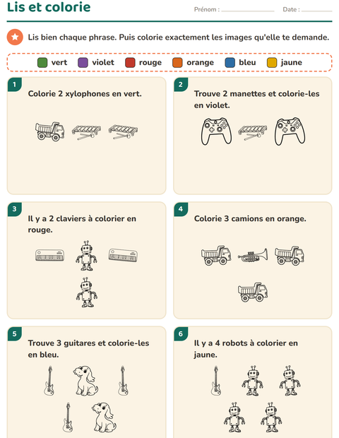 Aperçu de la fiche Lis et colorie avec Jouets NB 2 pour CP (cours préparatoire)