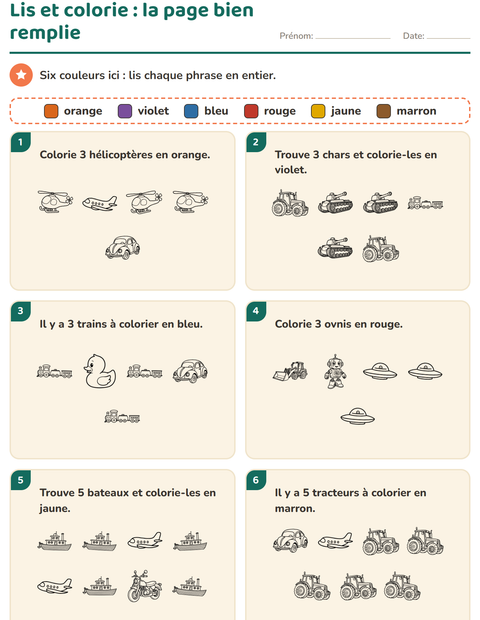 Lis et colorie : une page chargée, six couleurs et des intrus mêlés