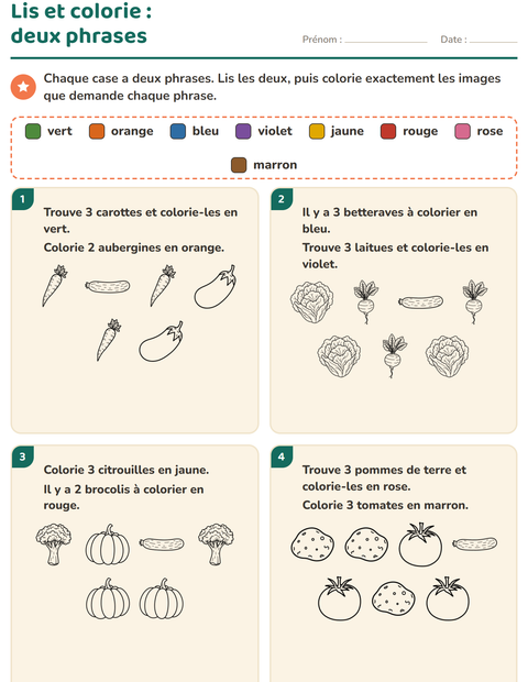 Aperçu de la fiche Lis et colorie avec Légumes NB pour CP (cours préparatoire)