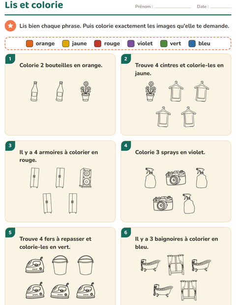 Aperçu de la fiche Lis et colorie avec Ménage NB pour CP (cours préparatoire)