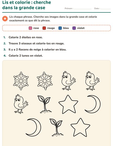 Aperçu de la fiche Lis et colorie avec Nature NB pour CP (cours préparatoire)
