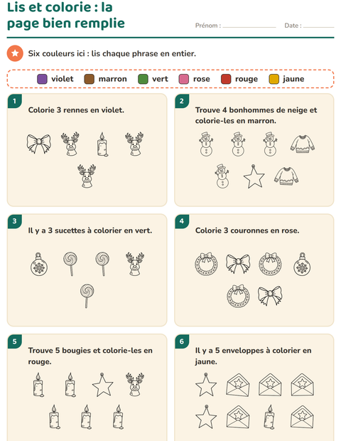 Aperçu de la fiche Lis et colorie avec Noël N&B pour CP (cours préparatoire)