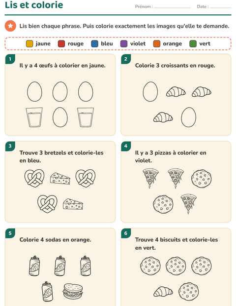 Aperçu de la fiche Lis et colorie avec Nourriture NB 3 pour CP (cours préparatoire)