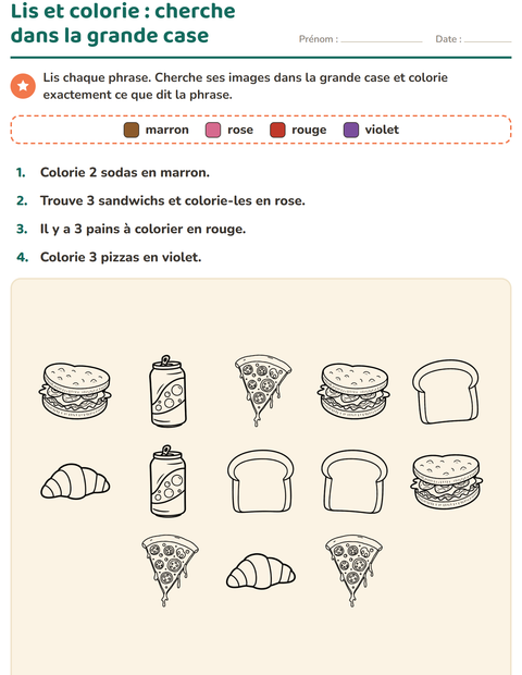 Aperçu de la fiche Lis et colorie avec Nourriture NB 3 pour CP (cours préparatoire)
