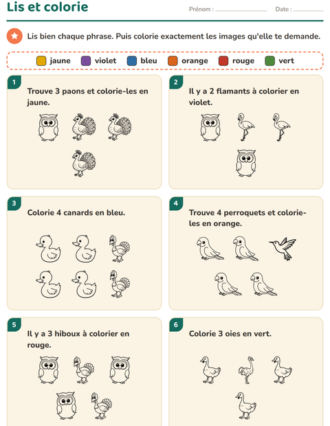 Aperçu de la fiche Lis et colorie avec Oiseaux N&B 2 pour CP (cours préparatoire)