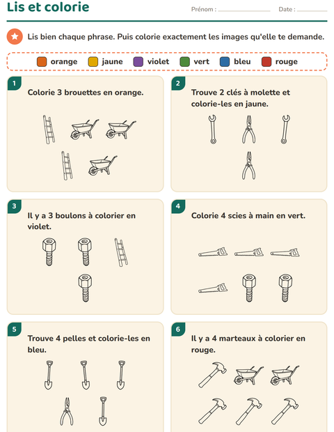 Aperçu de la fiche Lis et colorie avec Outils NB pour CP (cours préparatoire)