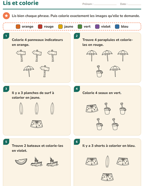 Aperçu de la fiche Lis et colorie avec Plage NB 2 pour CP (cours préparatoire)