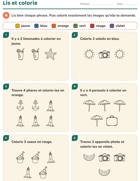 Aperçu de la fiche Lis et colorie avec Plage NB pour CP (cours préparatoire)
