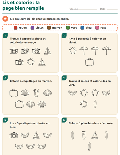 Aperçu de la fiche Lis et colorie avec Plage NB pour CP (cours préparatoire)