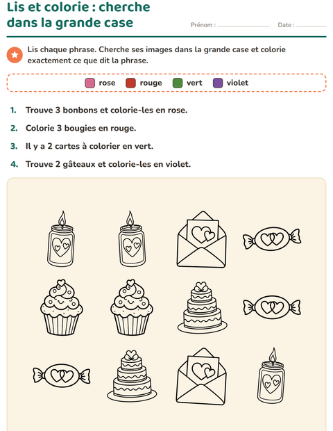 Aperçu de la fiche Lis et colorie avec Saint-Valentin NB pour CP (cours préparatoire)