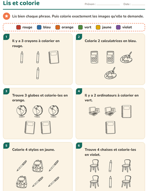 Aperçu de la fiche Lis et colorie avec Salle de classe 2 (N&B) pour CP (cours préparatoire)