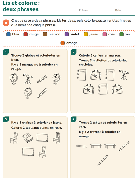 Aperçu de la fiche Lis et colorie avec Salle de classe (N&B) pour CP (cours préparatoire)