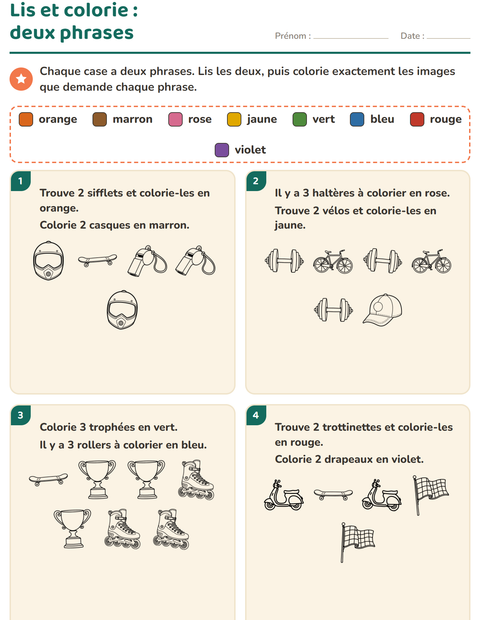 Aperçu de la fiche Lis et colorie avec Sports NB pour CP (cours préparatoire)