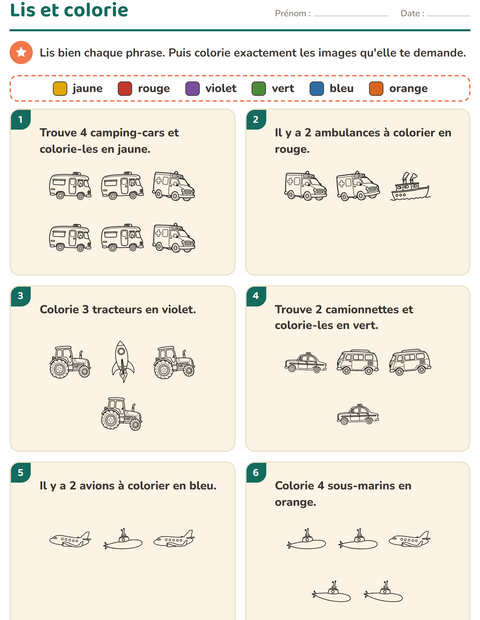 Aperçu de la fiche Lis et colorie avec Véhicules NB 2 pour CP (cours préparatoire)