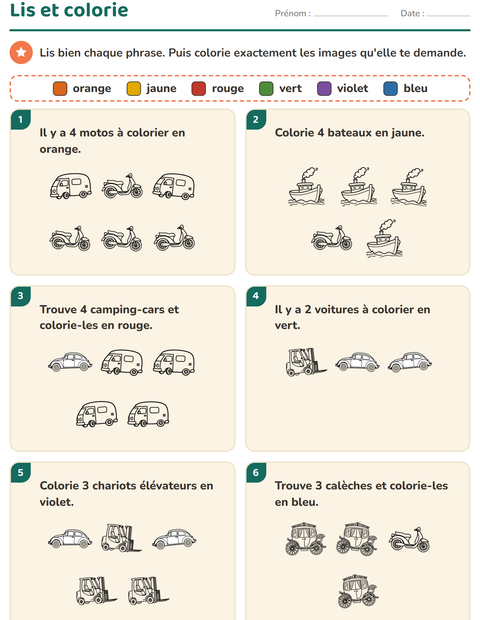 Aperçu de la fiche Lis et colorie avec Véhicules NB 3 pour CP (cours préparatoire)