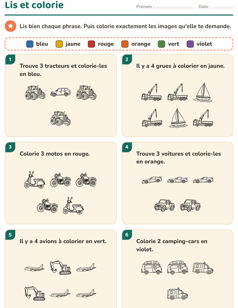 Aperçu de la fiche Lis et colorie avec Véhicules NB pour CP (cours préparatoire)