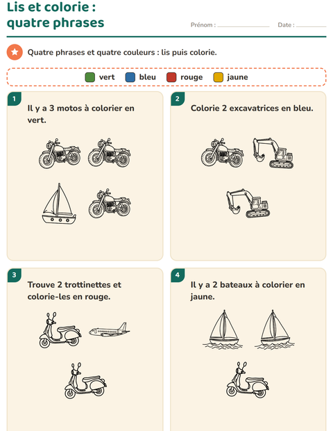 Aperçu de la fiche Lis et colorie avec Véhicules NB pour CP (cours préparatoire)