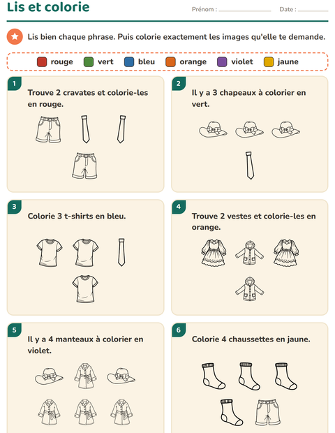 Aperçu de la fiche Lis et colorie avec Vêtements NB pour CP (cours préparatoire)