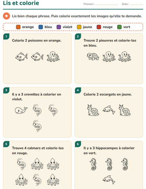 Aperçu de la fiche Lis et colorie avec Vie marine NB 2 pour CP (cours préparatoire)