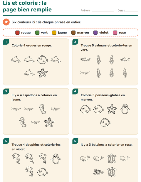 Aperçu de la fiche Lis et colorie avec Vie marine NB pour CP (cours préparatoire)