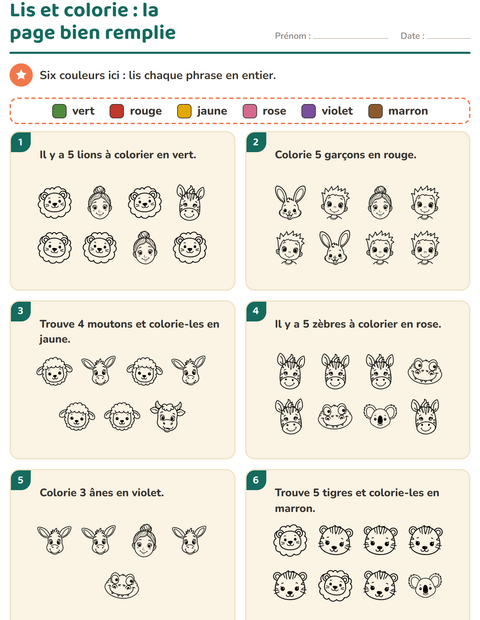 Aperçu de la fiche Lis et colorie avec Visages NB pour CP (cours préparatoire)