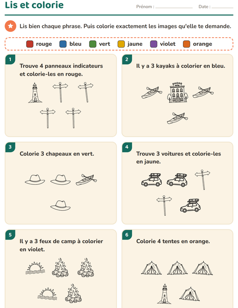 Aperçu de la fiche Lis et colorie avec Voyages et Vacances NB pour CP (cours préparatoire)