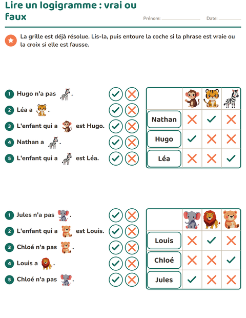 Aperçu de la fiche Logigrammes avec Animaux du zoo pour CE1 (cours élémentaire 1)