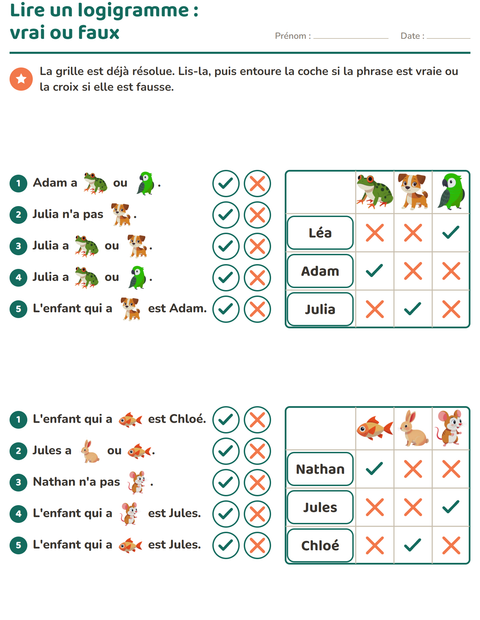 Aperçu de la fiche Logigrammes avec Animaux de compagnie pour CE1 (cours élémentaire 1)