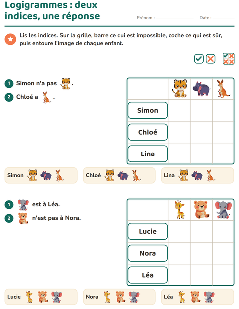 Aperçu de la fiche Logigrammes avec Animaux du zoo pour CE1 (cours élémentaire 1)