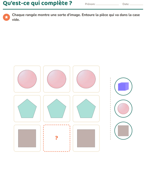 Aperçu de la fiche Logique visuelle avec Formes pour École maternelle (grande section, 5-7 ans)