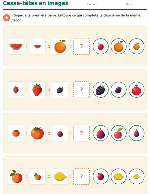Aperçu de la fiche Logique visuelle avec Fruits pour CP (cours préparatoire)