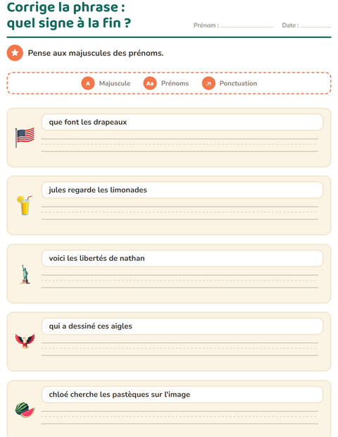 Aperçu de la fiche Majuscules et ponctuation avec 4 juillet pour CE1 (cours élémentaire 1)