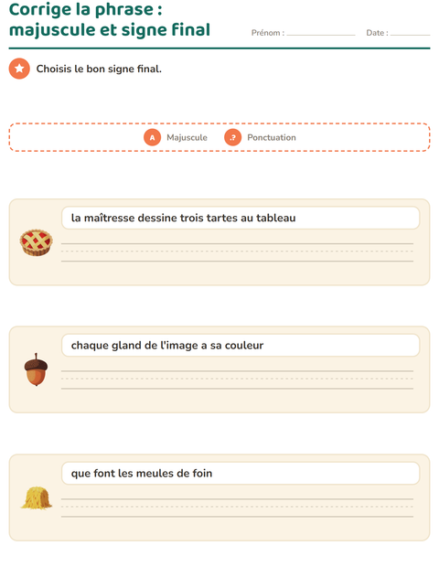 Aperçu de la fiche Majuscules et ponctuation avec Action de grâce pour CE1 (cours élémentaire 1)