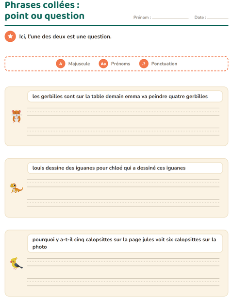 Aperçu de la fiche Majuscules et ponctuation avec Animaux de compagnie pour CE1 (cours élémentaire 1)