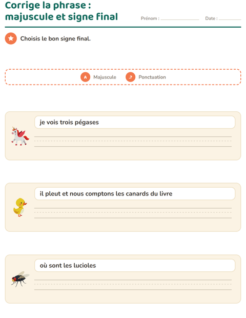 Aperçu de la fiche Majuscules et ponctuation avec Choses qui volent pour CE1 (cours élémentaire 1)