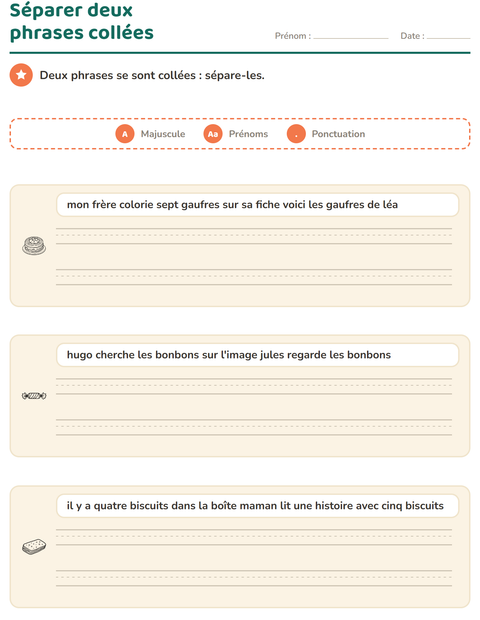 Aperçu de la fiche Majuscules et ponctuation avec Dessert (N&B) pour CE1 (cours élémentaire 1)