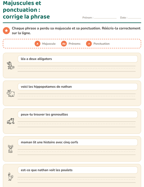 Aperçu de la fiche Majuscules et ponctuation avec Animaux NB 3 pour CE1 (cours élémentaire 1)
