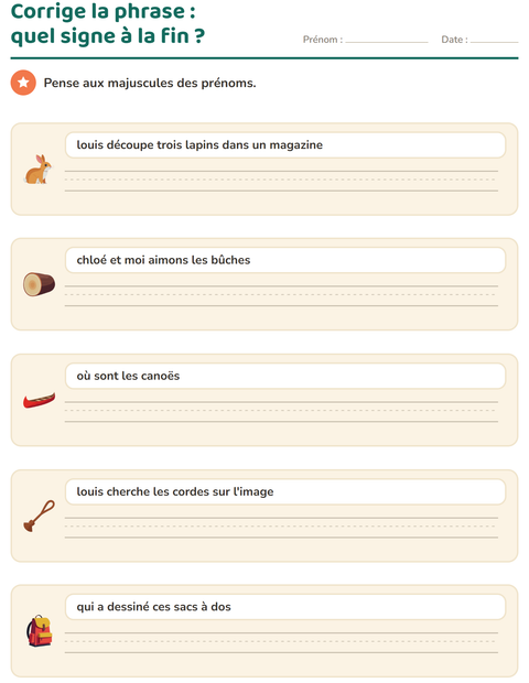 Aperçu de la fiche Majuscules et ponctuation avec Camping pour CE1 (cours élémentaire 1)