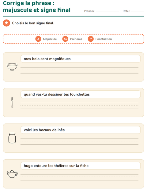 Aperçu de la fiche Majuscules et ponctuation avec Cuisine NB pour CE1 (cours élémentaire 1)