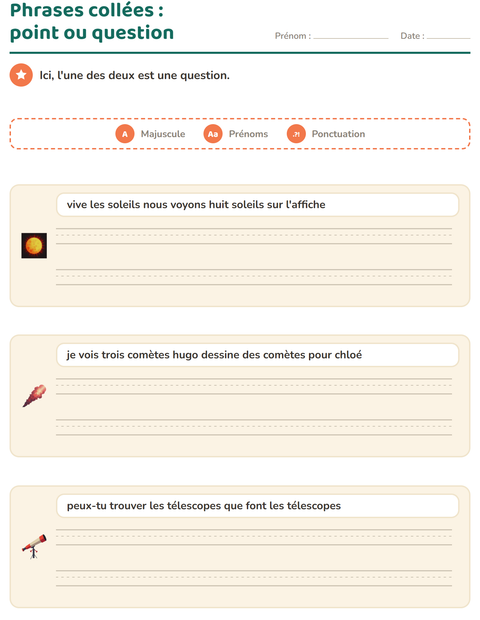 Aperçu de la fiche Majuscules et ponctuation avec Espace pour CE1 (cours élémentaire 1)