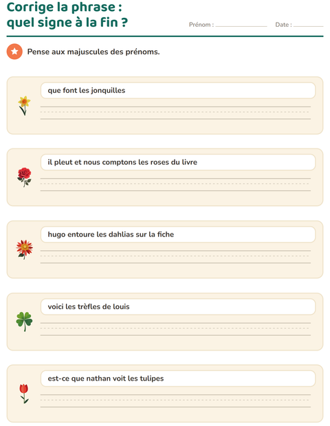 Aperçu de la fiche Majuscules et ponctuation avec Fleurs pour CE1 (cours élémentaire 1)