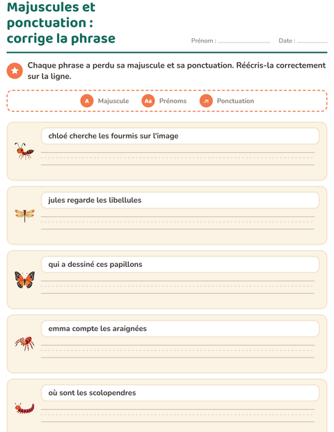 Aperçu de la fiche Majuscules et ponctuation avec Insectes et bestioles pour CE1 (cours élémentaire 1)