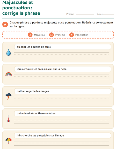 Aperçu de la fiche Majuscules et ponctuation avec Météo pour CE1 (cours élémentaire 1)