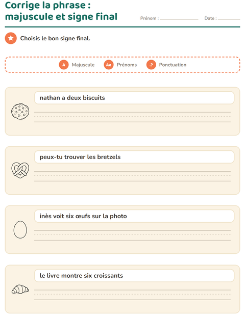 Aperçu de la fiche Majuscules et ponctuation avec Nourriture NB 3 pour CE1 (cours élémentaire 1)