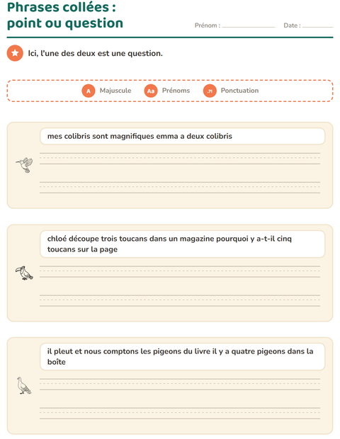 Aperçu de la fiche Majuscules et ponctuation avec Oiseaux N&B pour CE1 (cours élémentaire 1)
